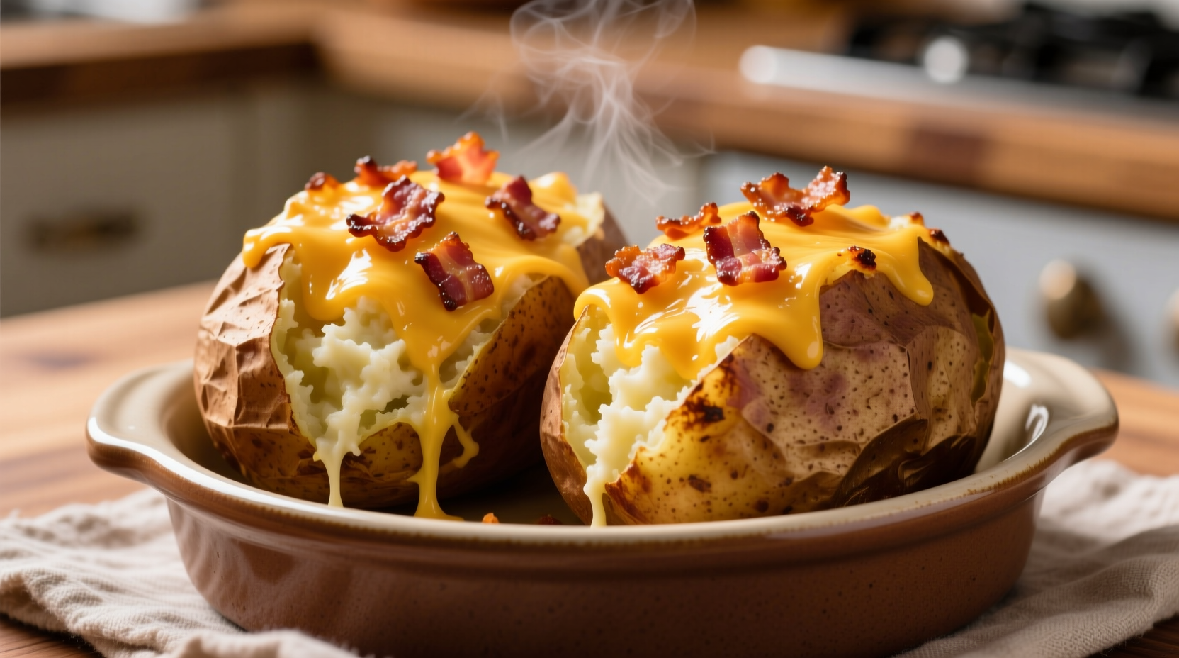 Golden brown twice baked potatoes with melted cheese and bacon