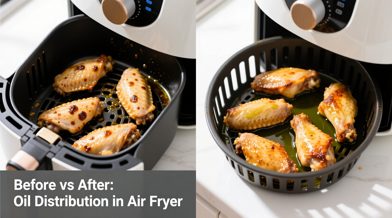 Side-by-side comparison: left shows uneven, spotty oil mist on chicken wings in air fryer basket; right shows glossy, uniform oil sheen on same wings after tossing in measured avocado oil and preheating basket