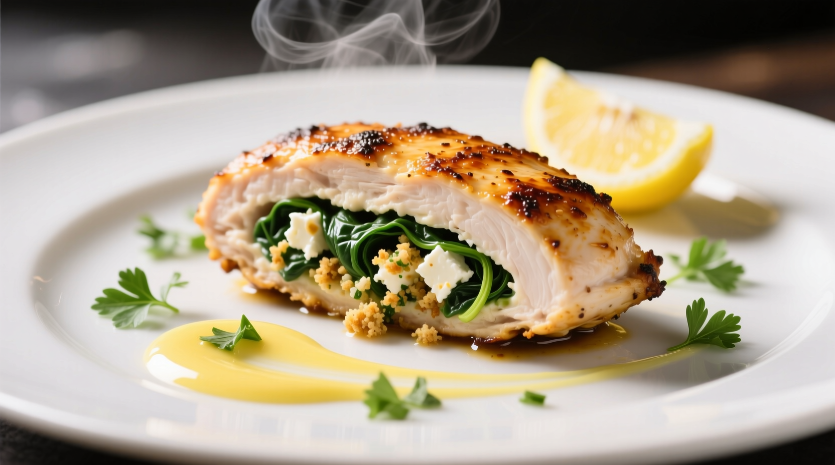 Stuffed spinach feta chicken on serving platter