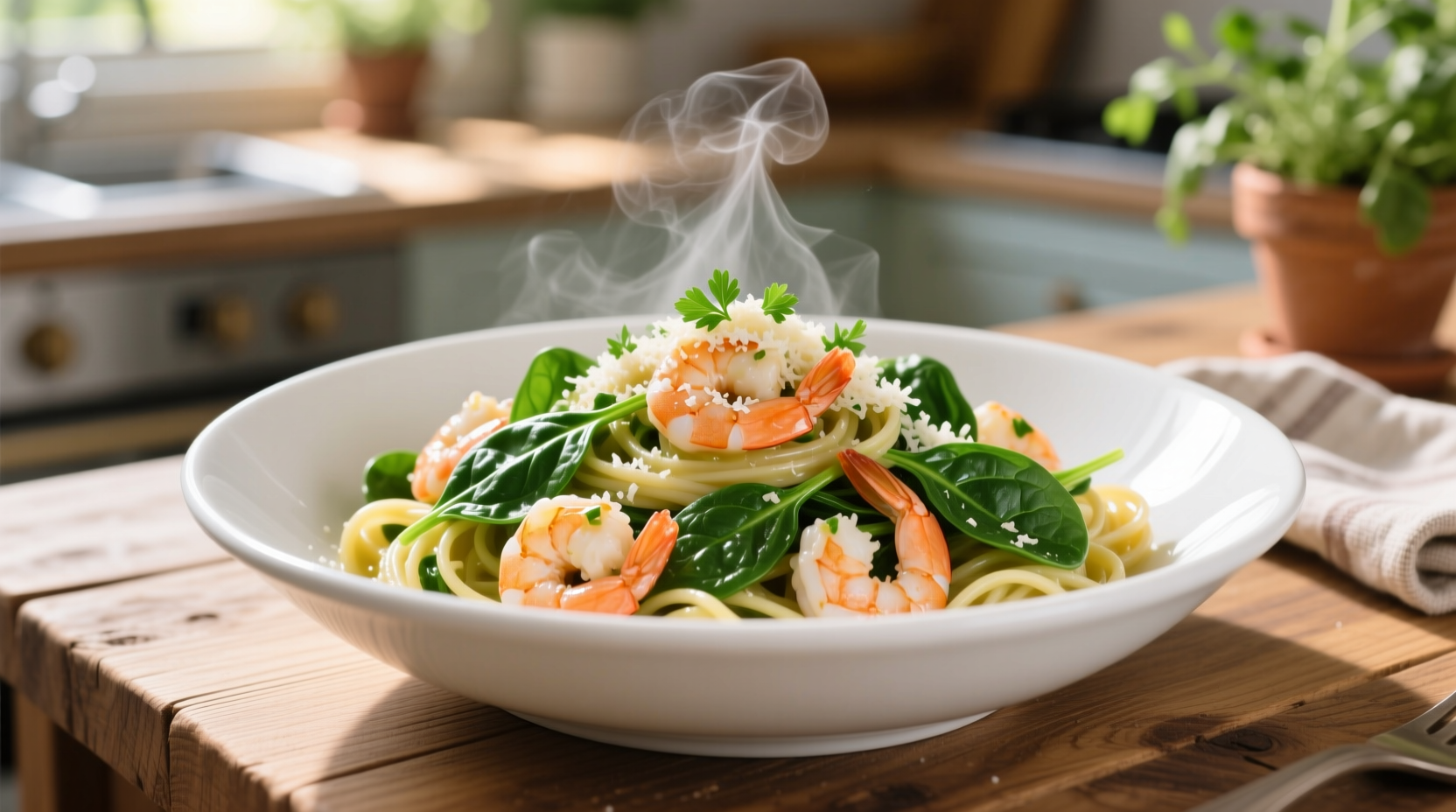 Fresh spinach shrimp pasta in white bowl