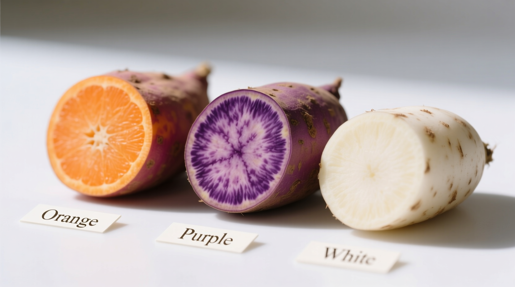Color comparison of orange, purple, and white sweet potato varieties