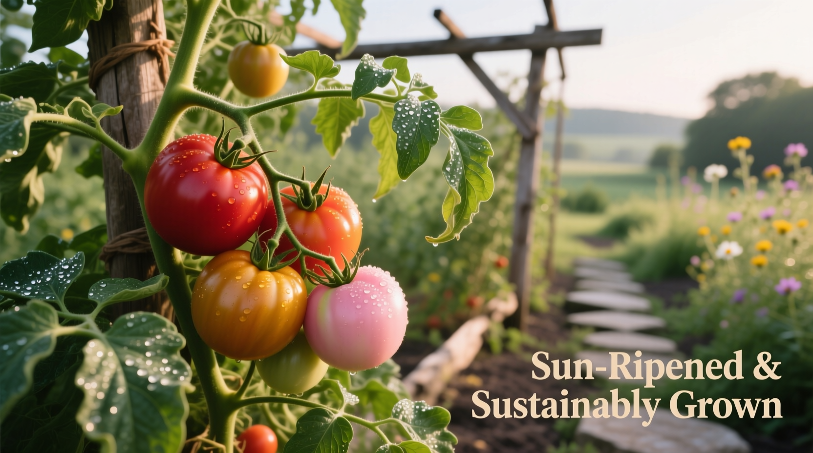 Organic tomatoes ripening on vine in sustainable farm