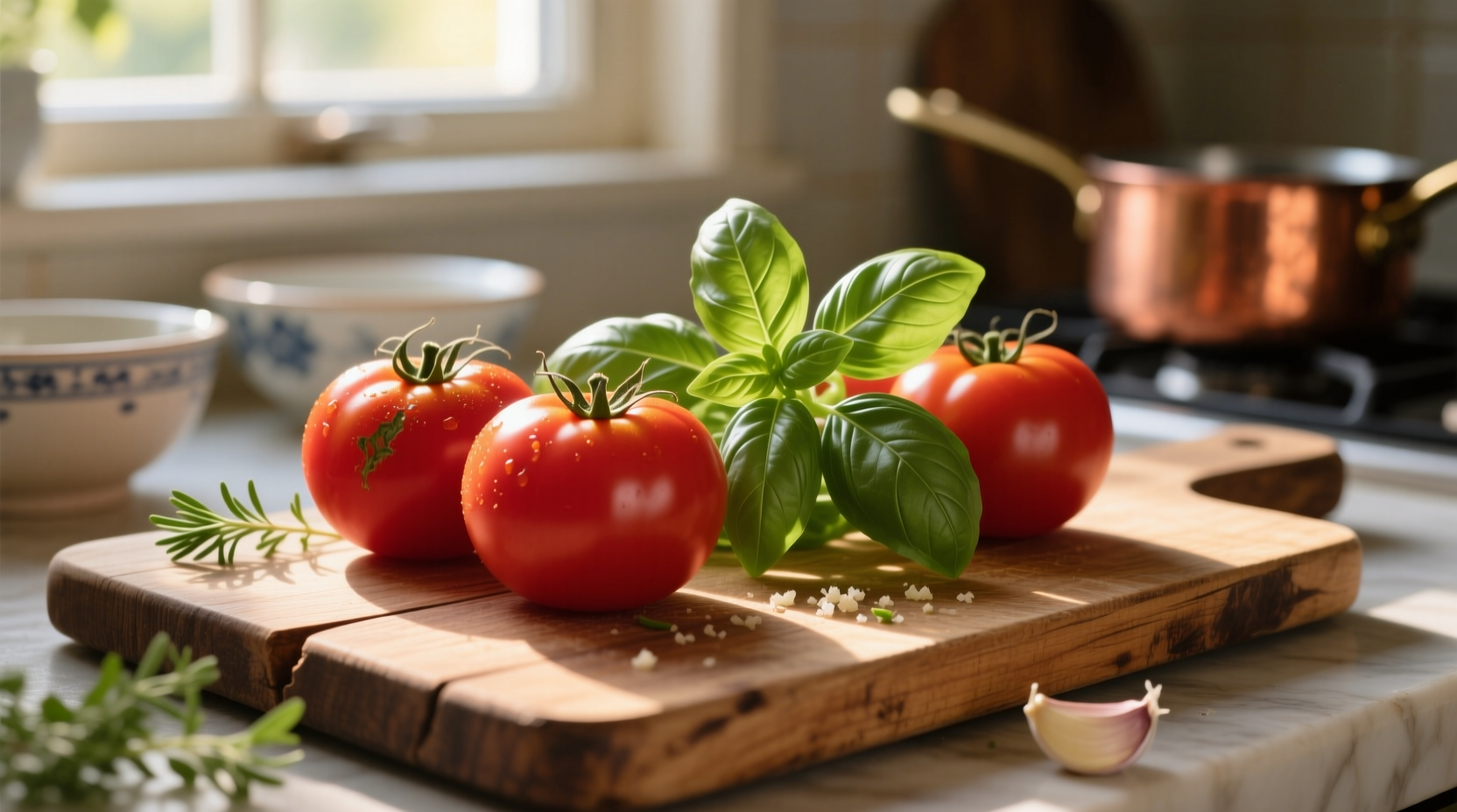 Fresh tomatoes and basil leaves on wooden cutting board