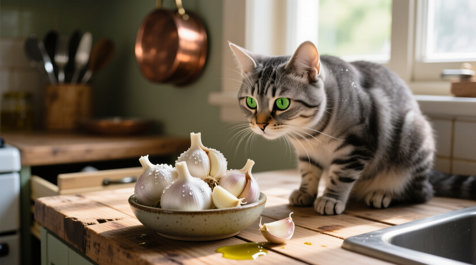Cat looking at garlic cloves on kitchen counter