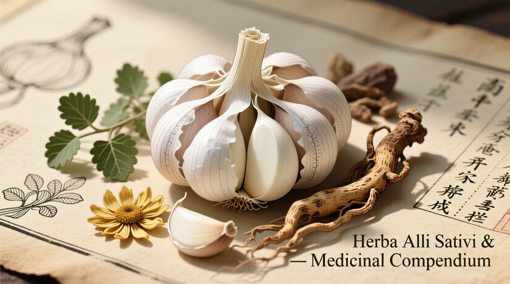 Fresh garlic cloves with medicinal herbs