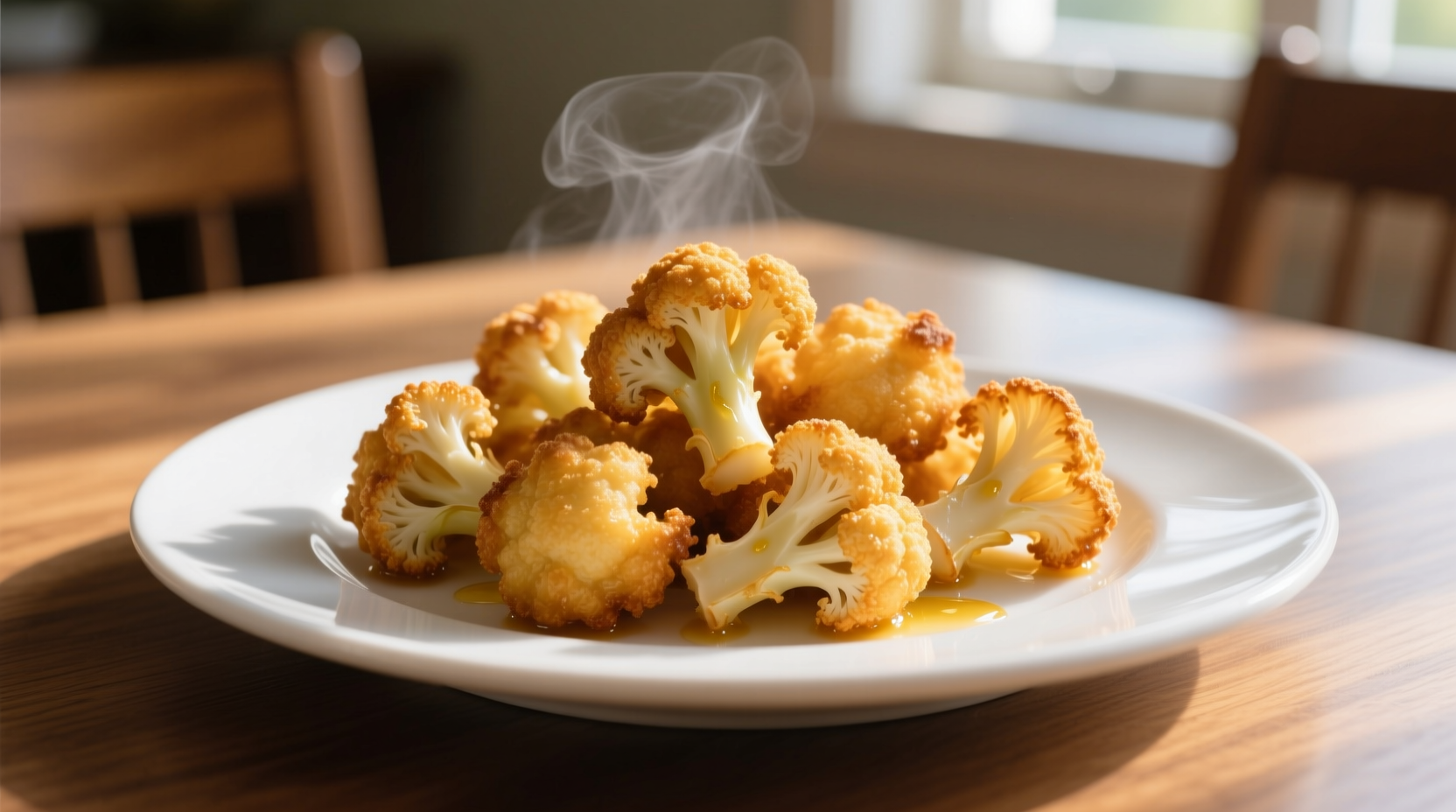 Golden fried cauliflower florets on white plate