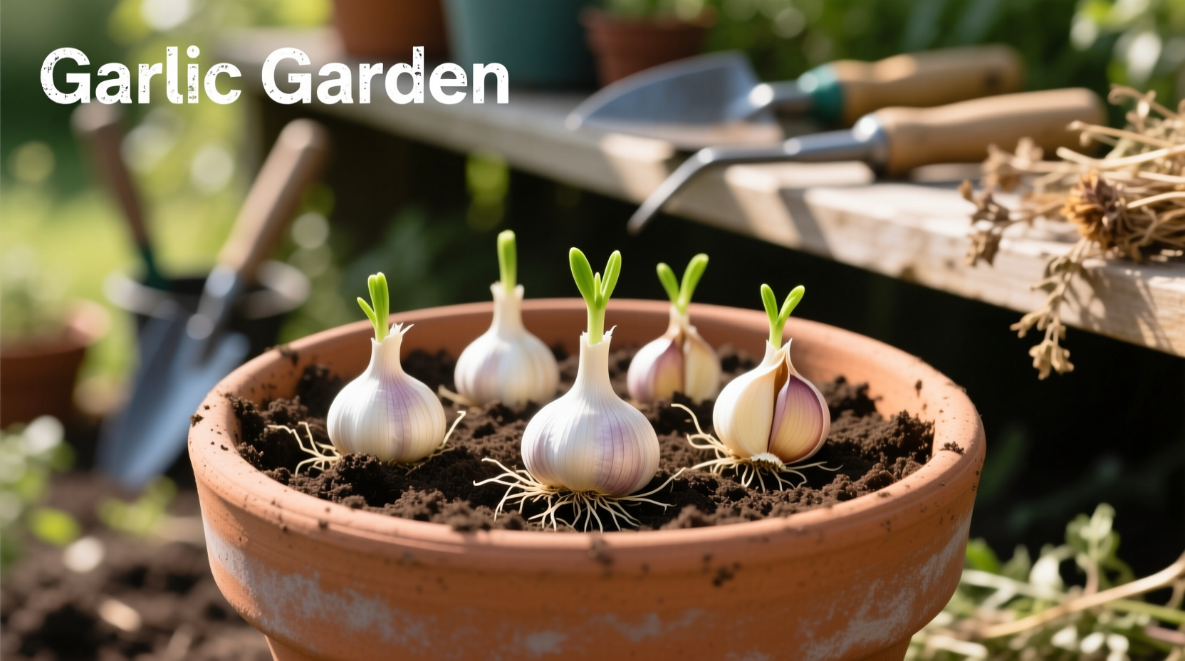 Garlic cloves planted in terracotta pot with soil