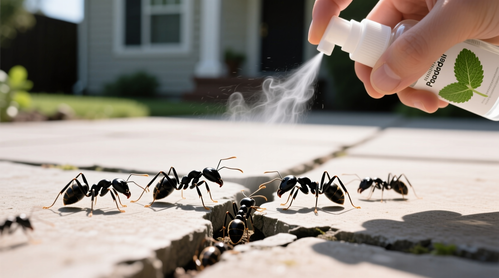Black garden ants moving along patio crack with peppermint spray application