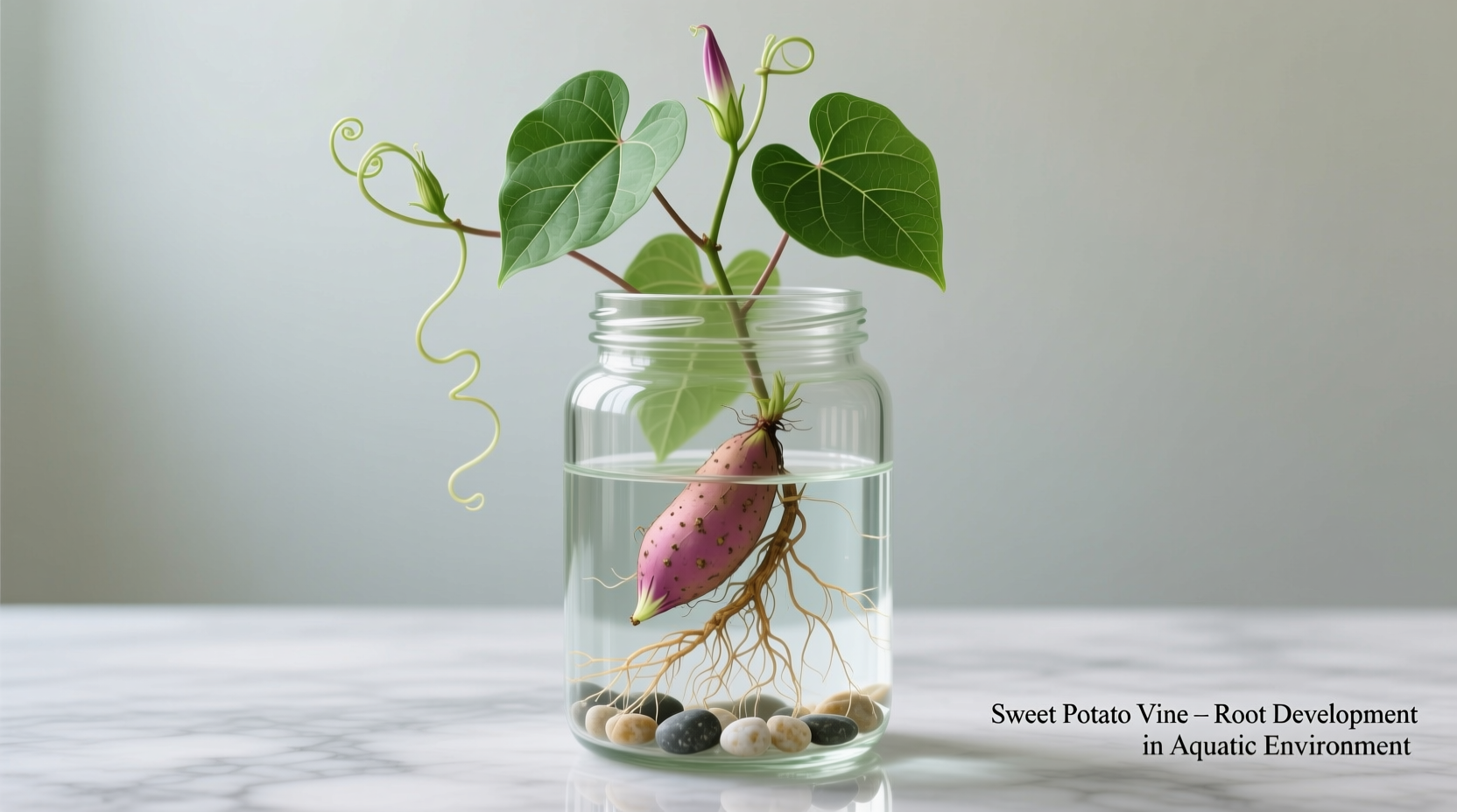 Sweet potato vine growing in clear glass jar with roots