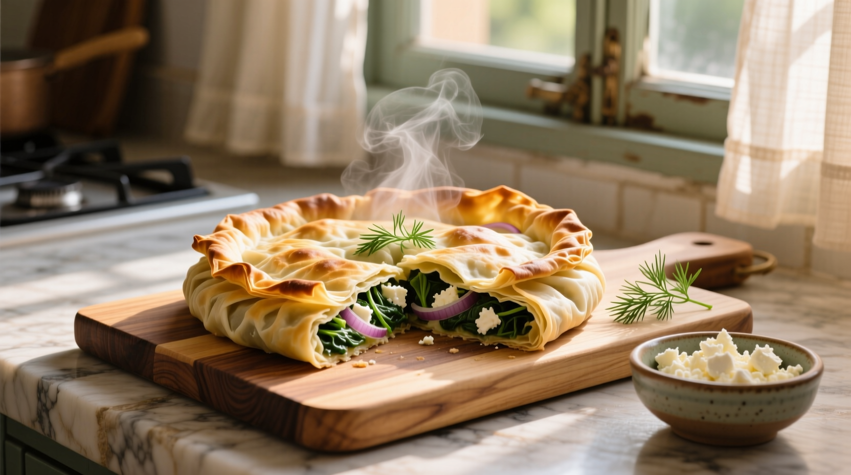 Traditional Greek spanakopita fresh from oven