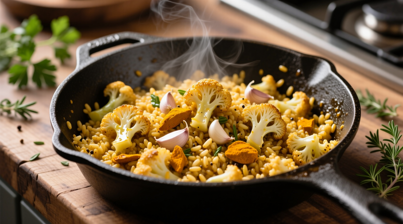 Perfectly seasoned golden cauliflower rice in a skillet