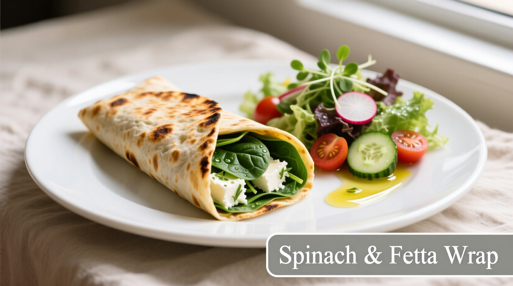 Spinach and feta wrap on white plate with side salad