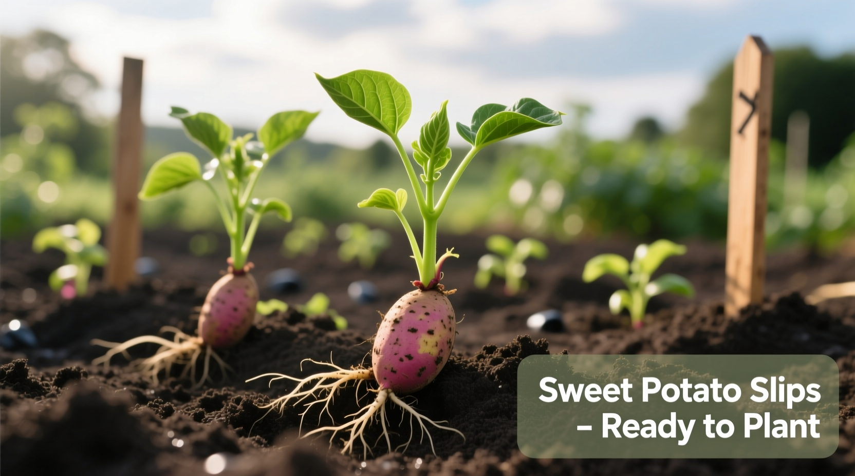 Healthy sweet potato slips ready for planting in garden
