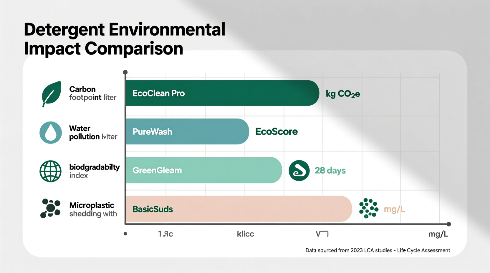 Comparison chart of environmental impact metrics for detergents