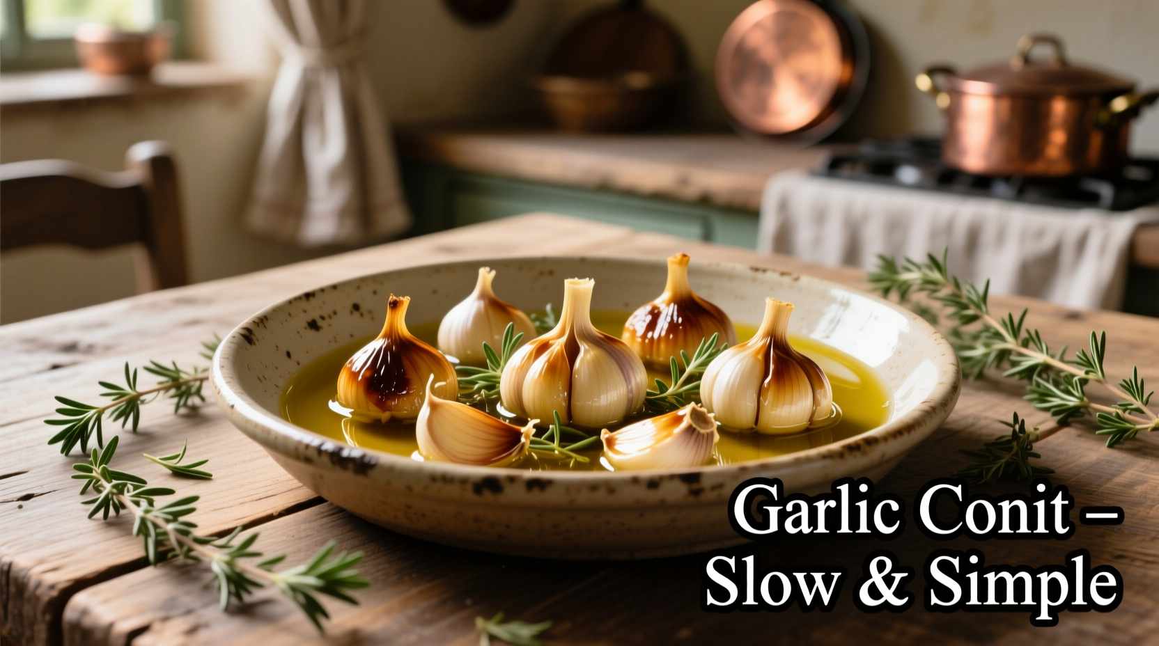 Golden confit garlic cloves in olive oil with fresh thyme