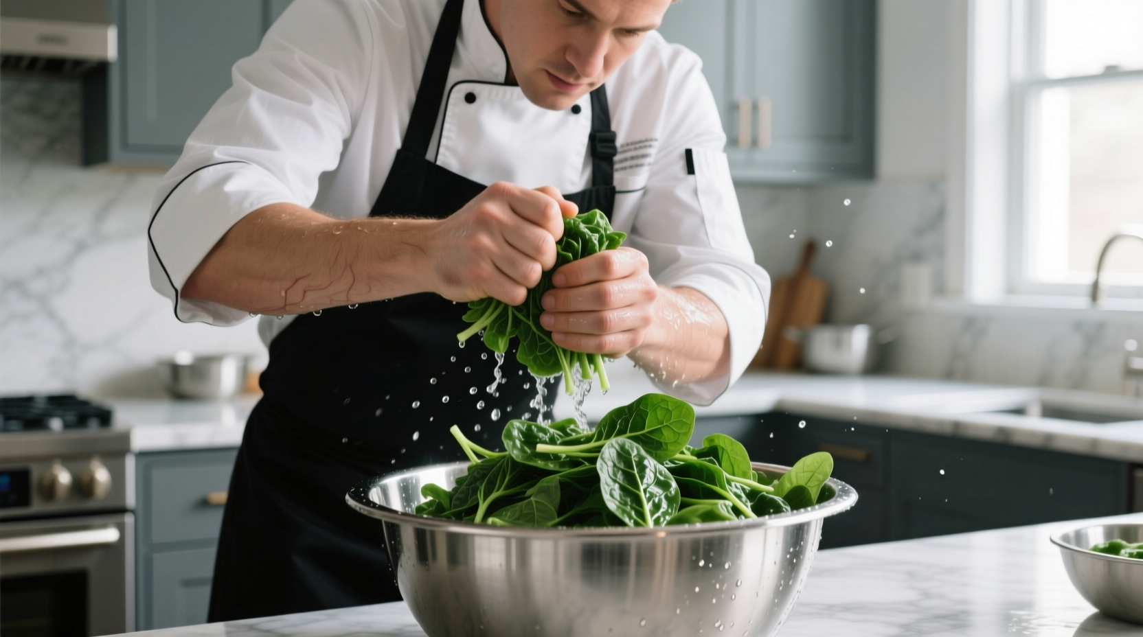 Chef squeezing water from thawed spinach in kitchen