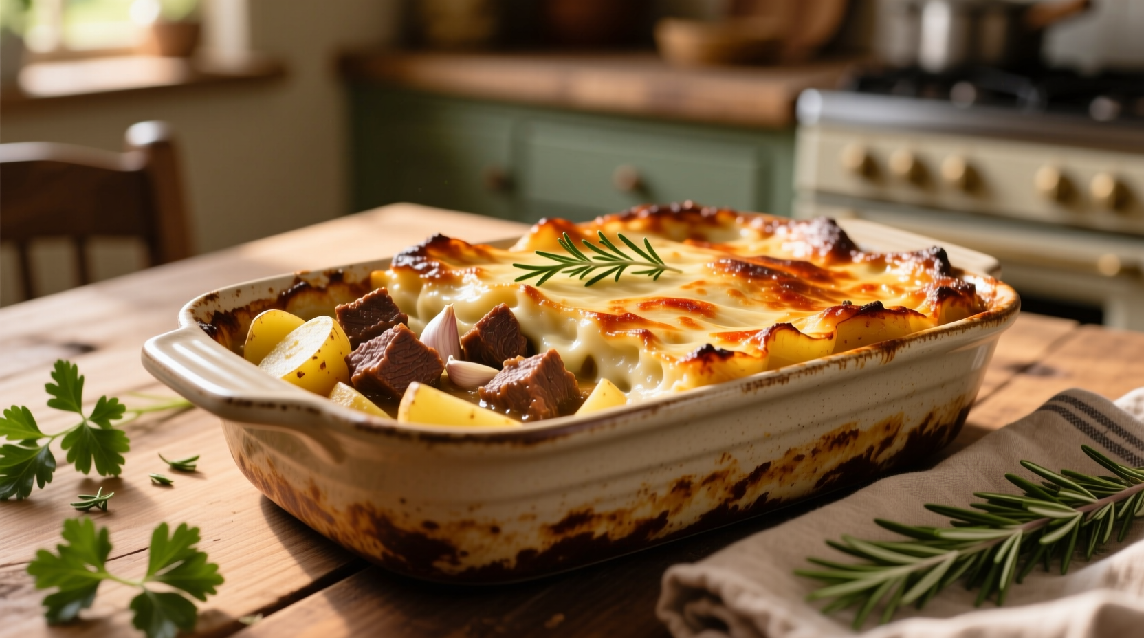 Beef and potato casserole in baking dish