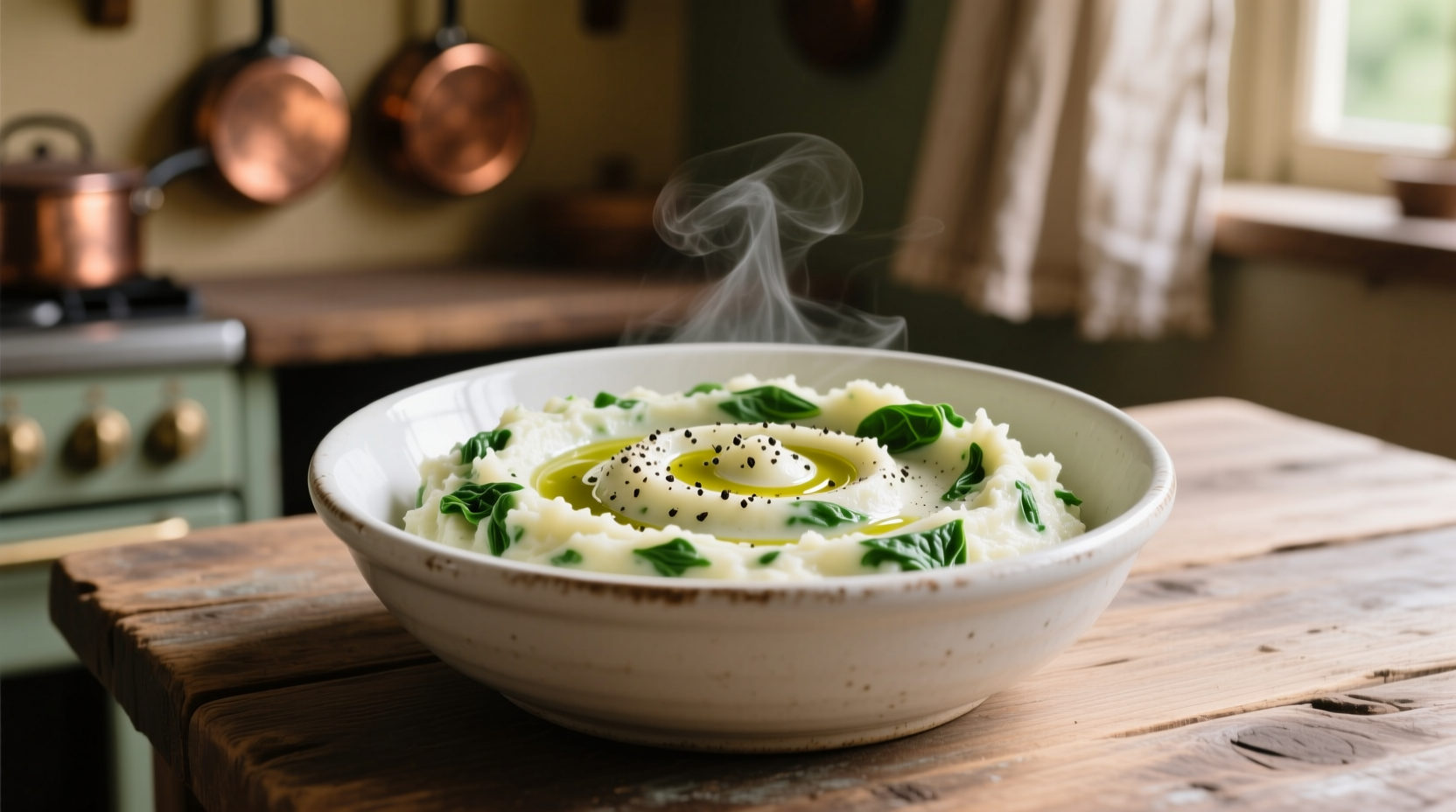 Creamy spinach mashed potatoes in white bowl