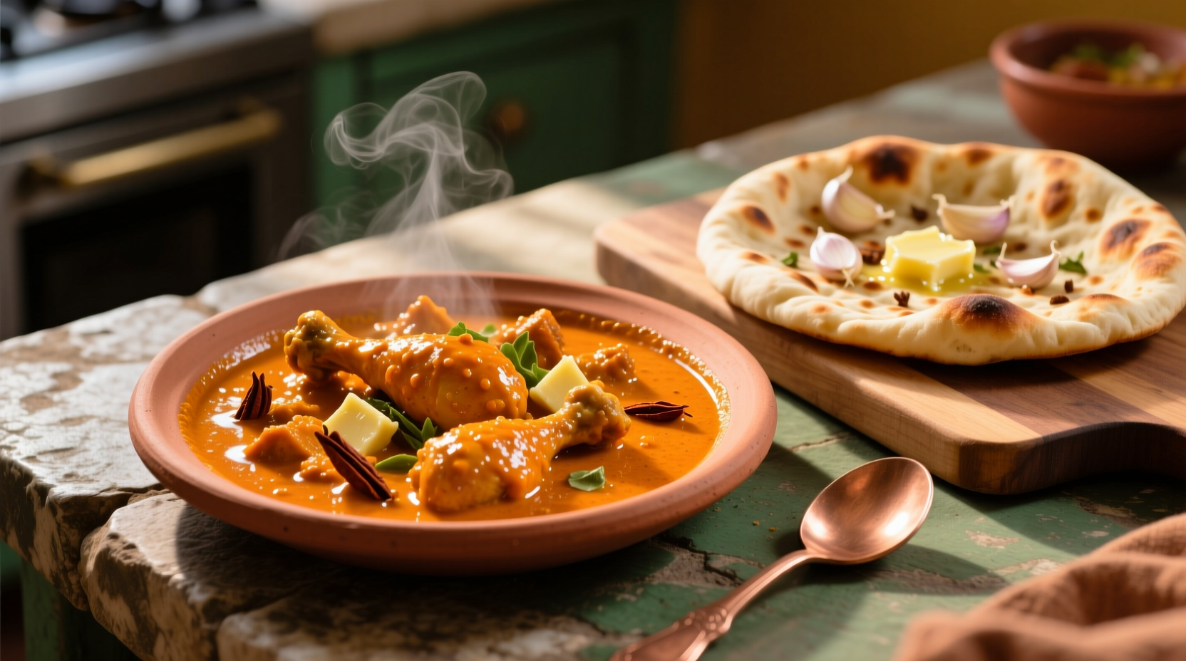 Butter Chicken serviert mit frischem Knoblauch-Naan