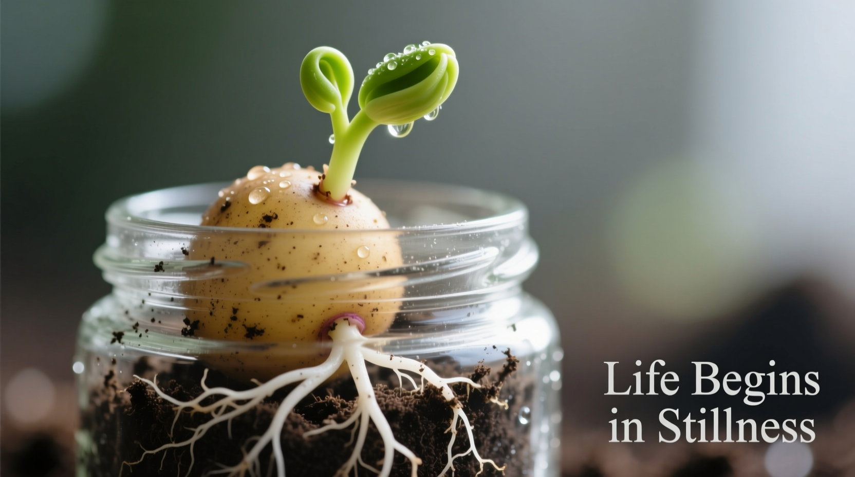 Potato sprouting in glass jar with roots