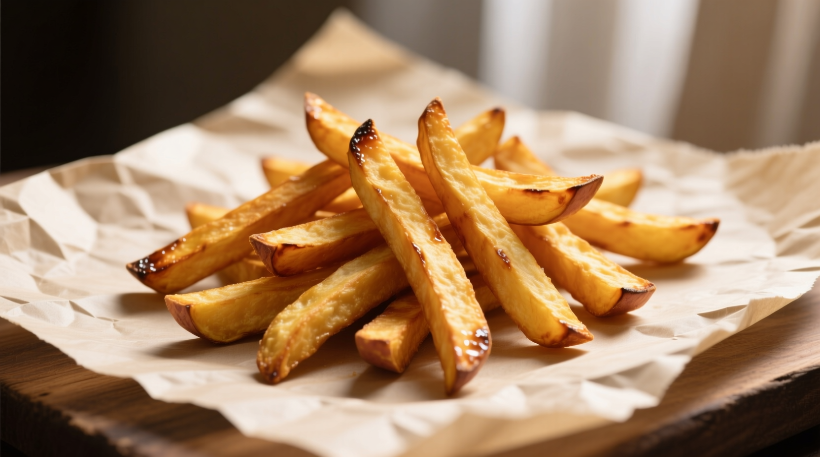 Perfectly golden sweet potato fries on parchment paper