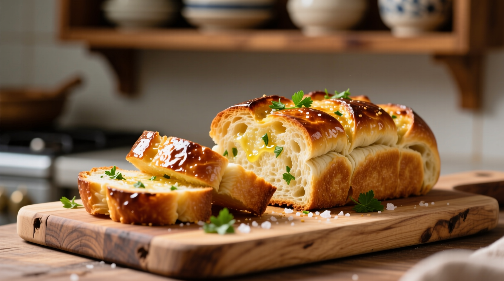 Crispy golden dairy free garlic bread on wooden cutting board