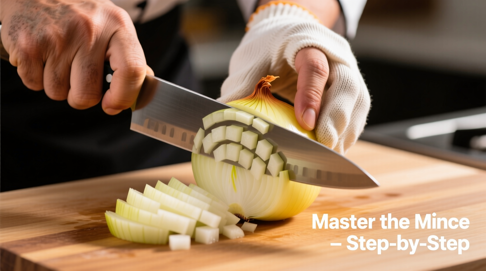 Chef's hand demonstrating proper onion dicing technique