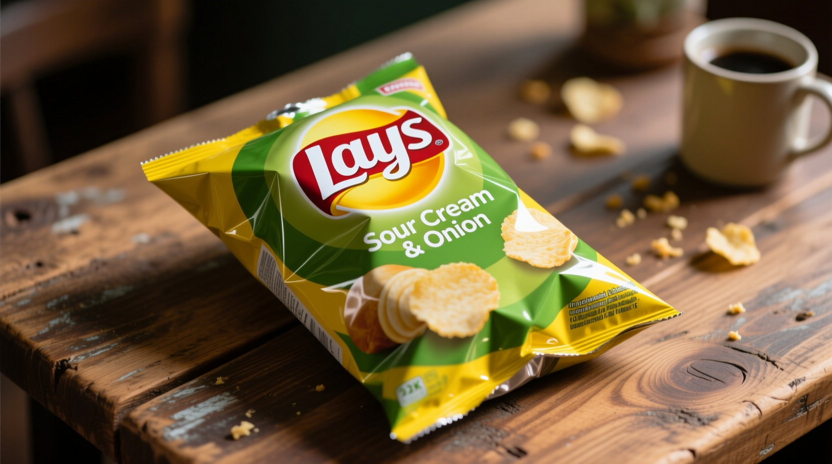 Lays Sour Cream and Onion chips bag on wooden table