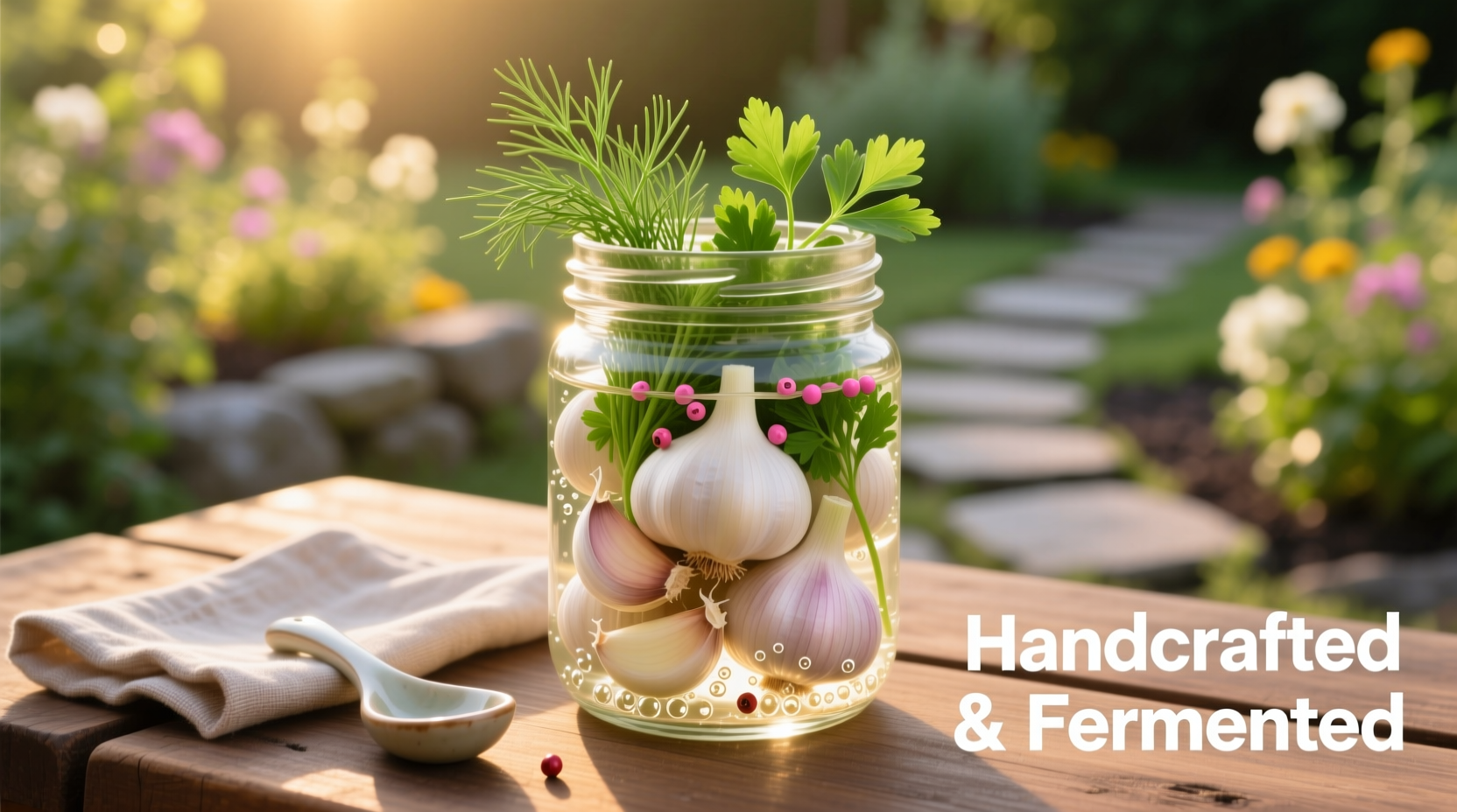 Fresh pickled garlic cloves in mason jar with herbs