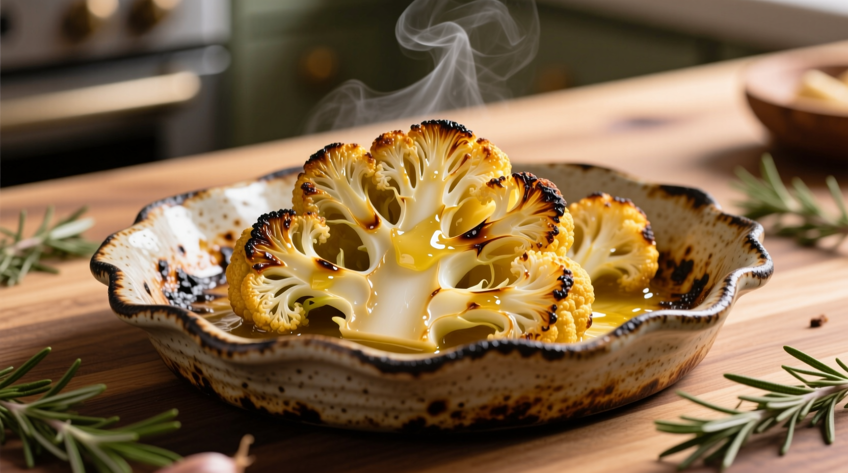 Golden roasted garlic cauliflower on baking sheet
