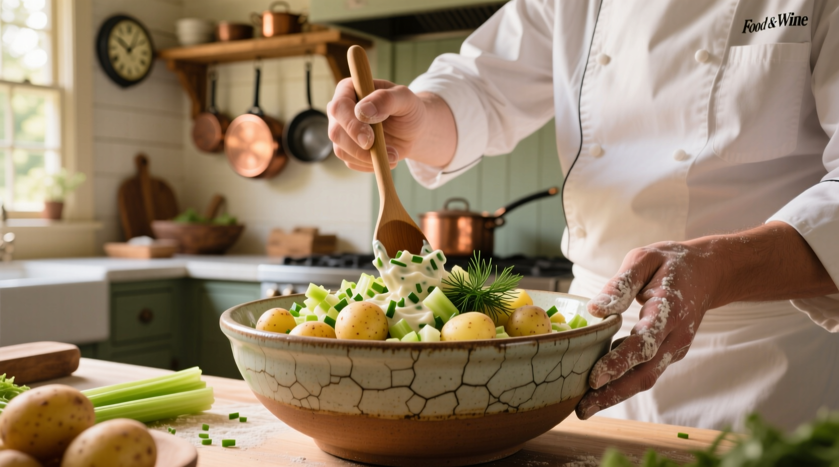Chef mixing potato salad in ceramic bowl