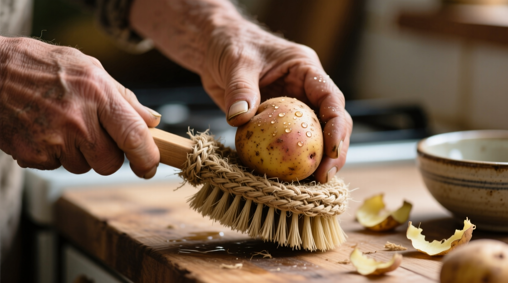Close-up of hands using a natural fiber potato brush on russet potatoes