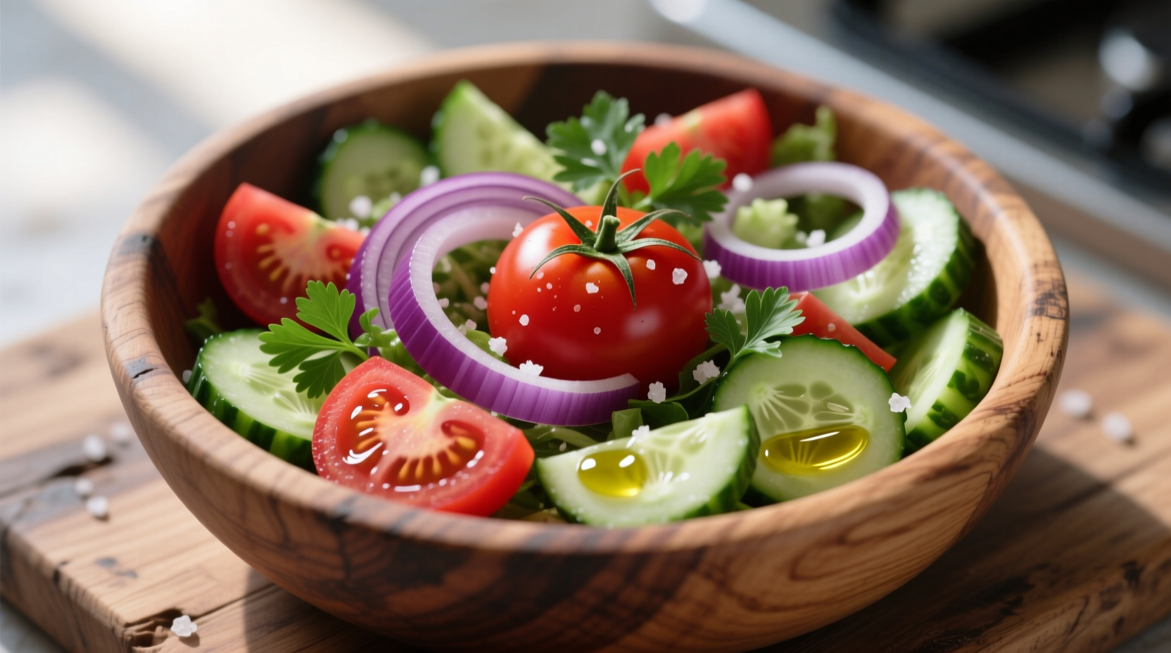 Fresh tomato onion cucumber salad in wooden bowl