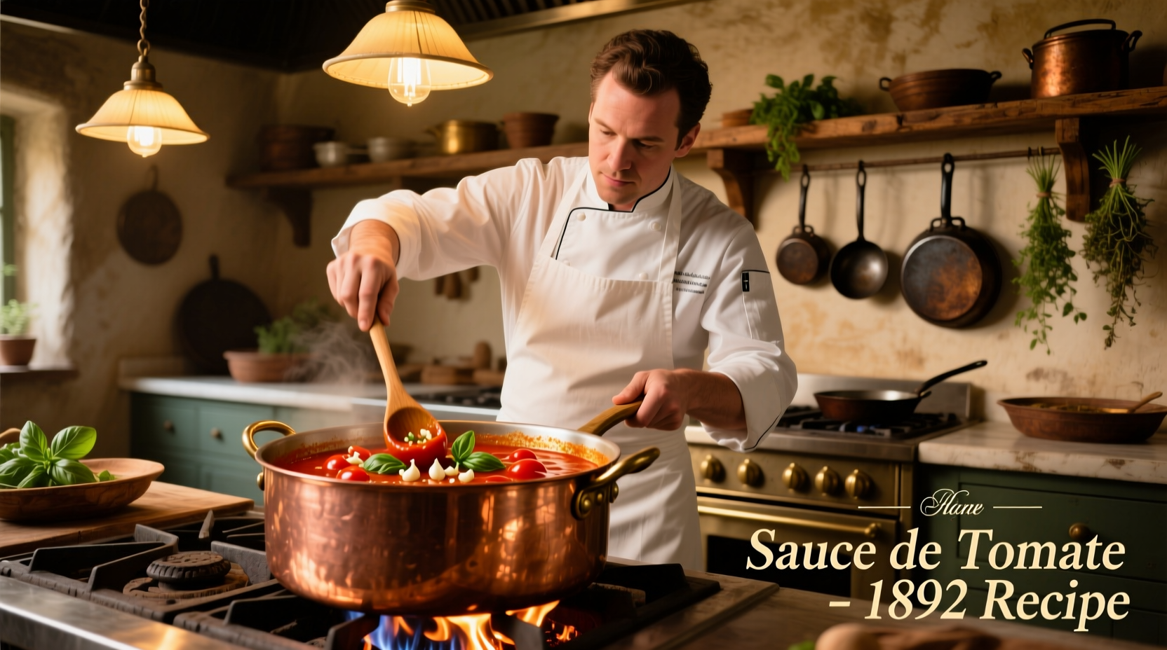 Chef stirring vibrant tomato sauce in copper pot
