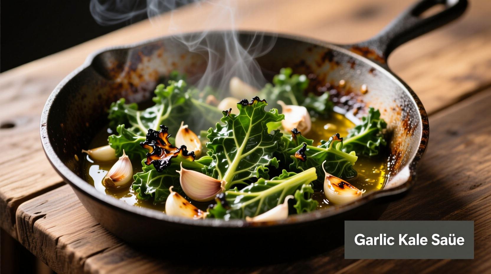 Fresh garlic kale sauté in cast iron skillet