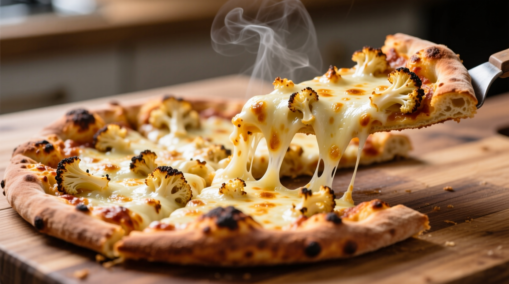 Golden brown cauliflower pizza crust with melted cheese