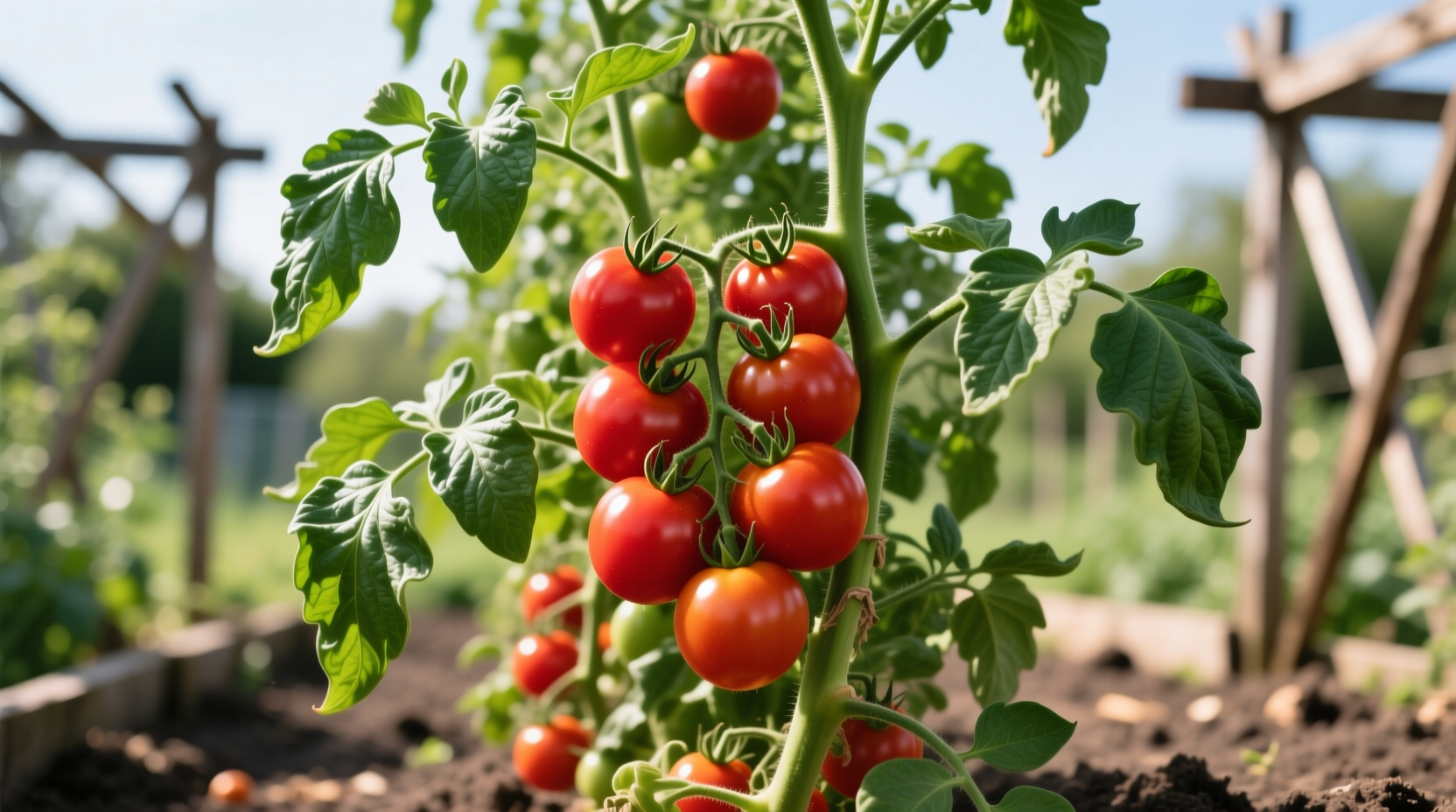 Healthy tomato plant with red fruits and green leaves
