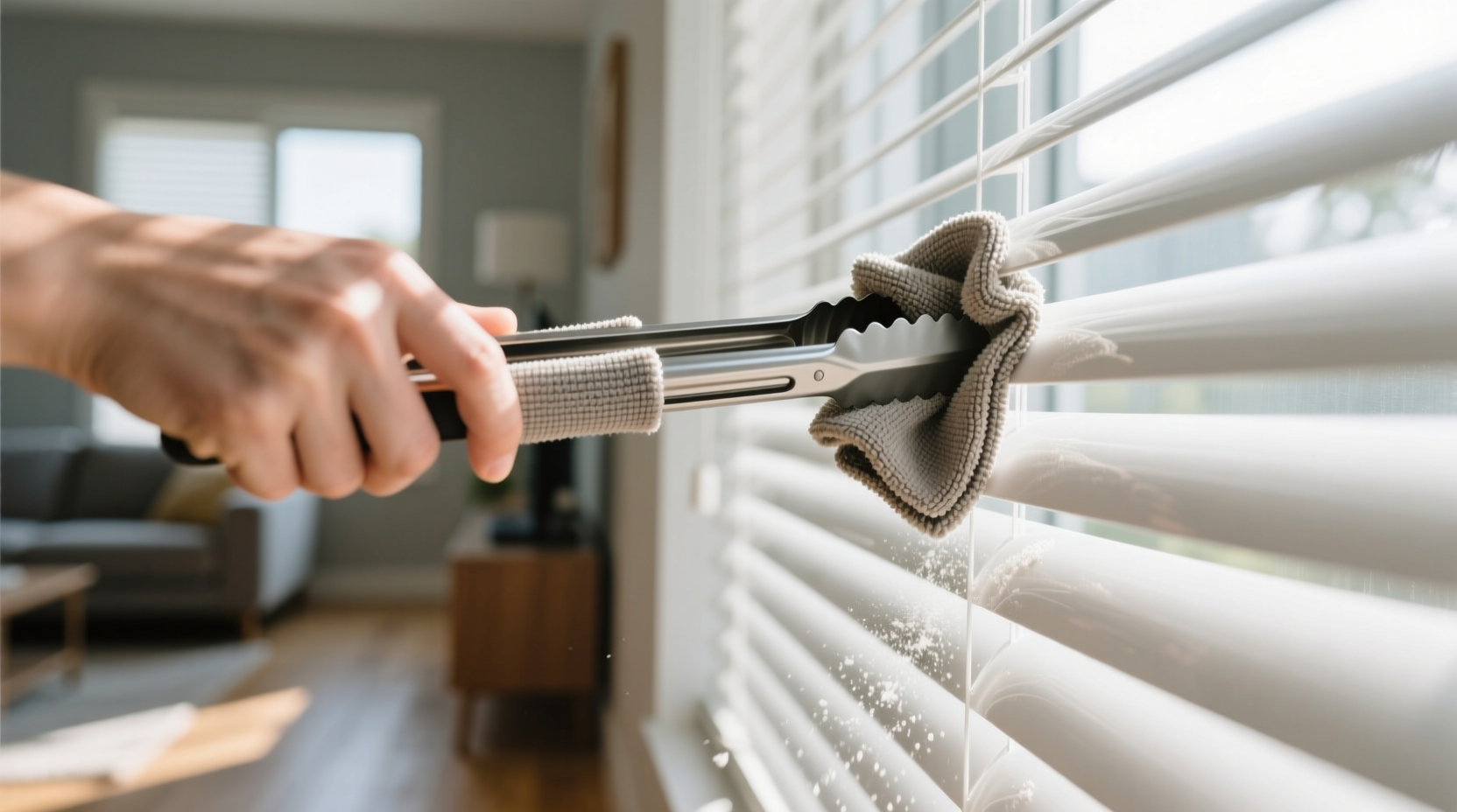 quickly clean window blinds by wrapping tongs in microf