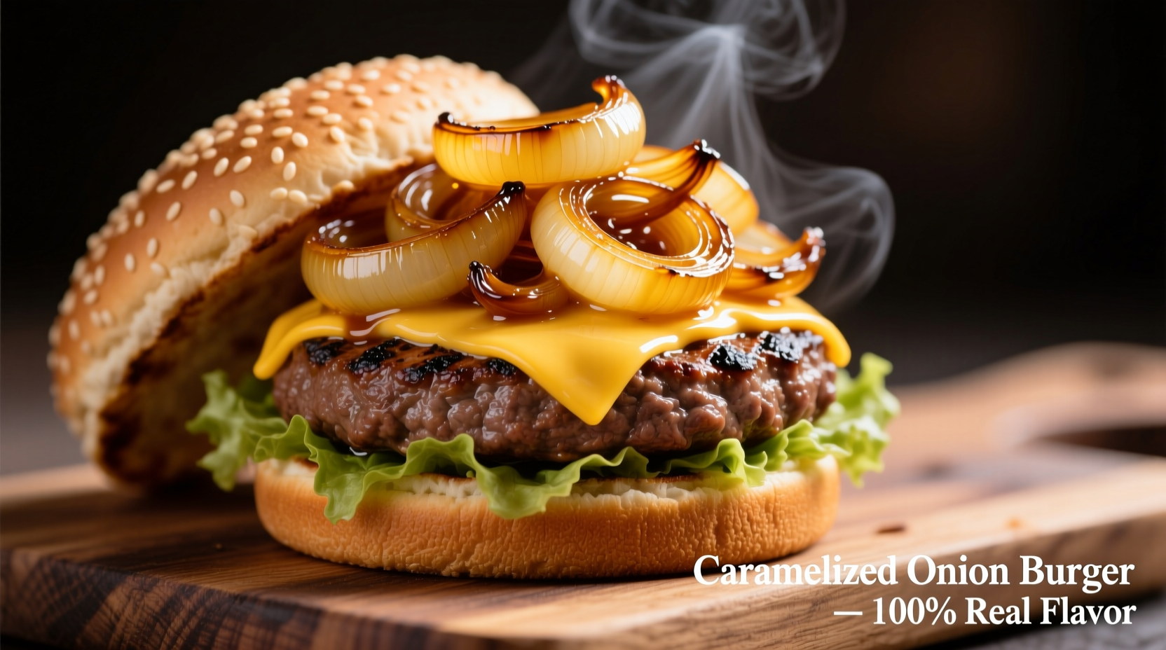 Caramelized yellow onions on hamburger