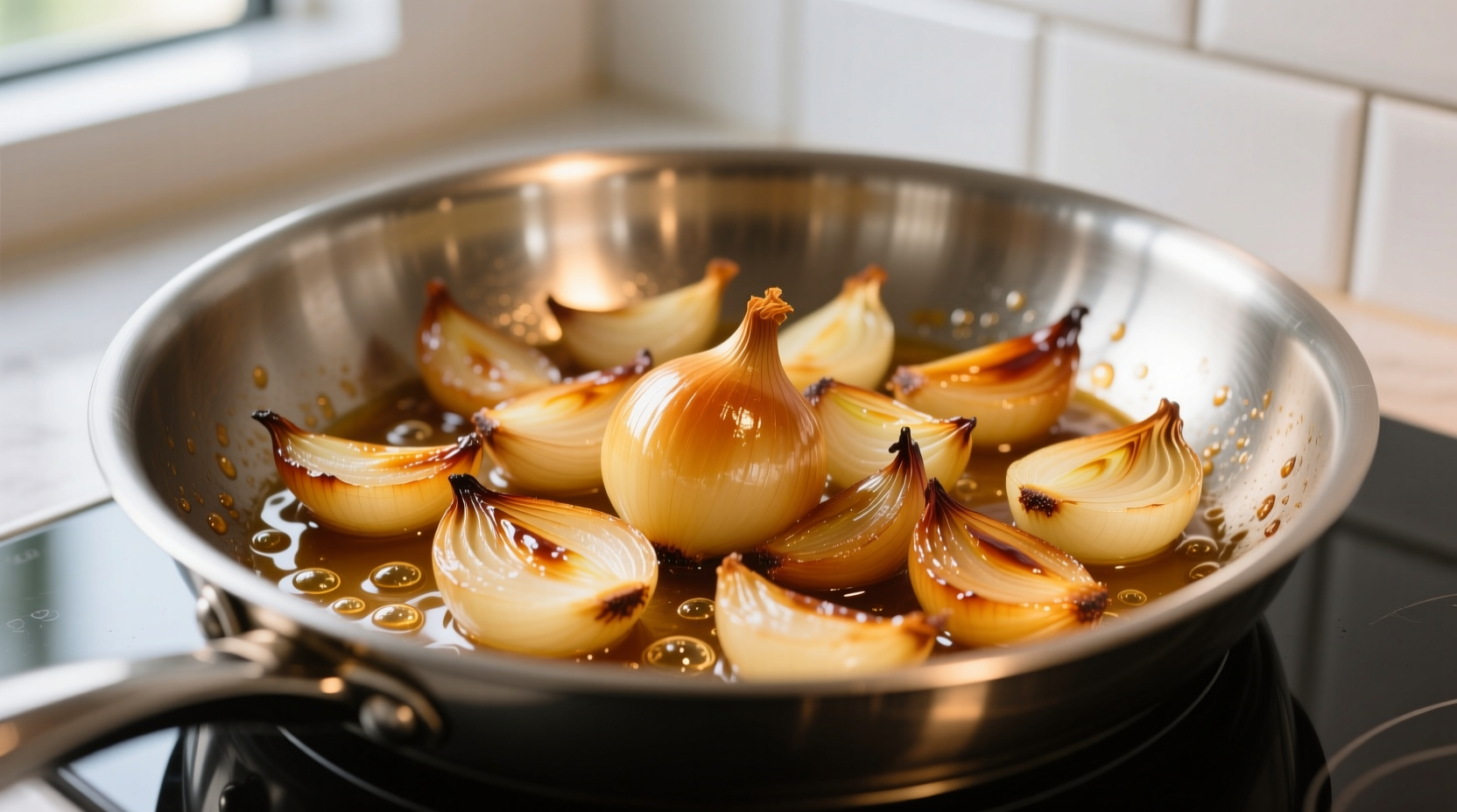 Perfectly golden sautéed onions in stainless steel pan
