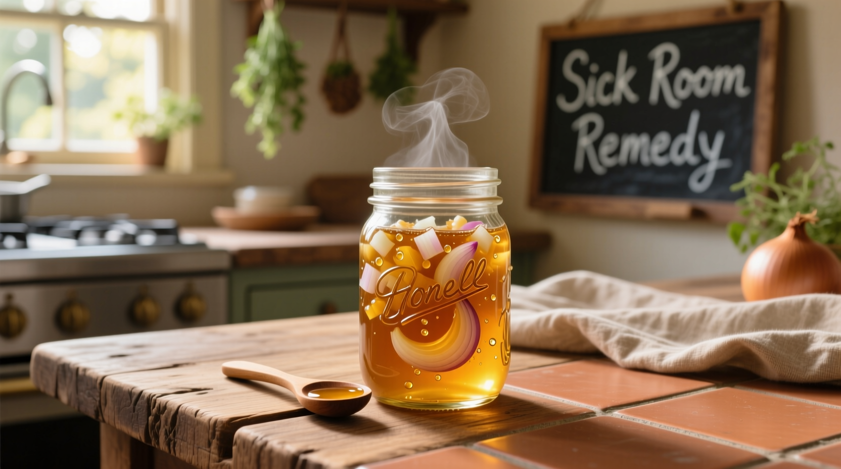 Homemade onion and honey cough syrup in glass jar