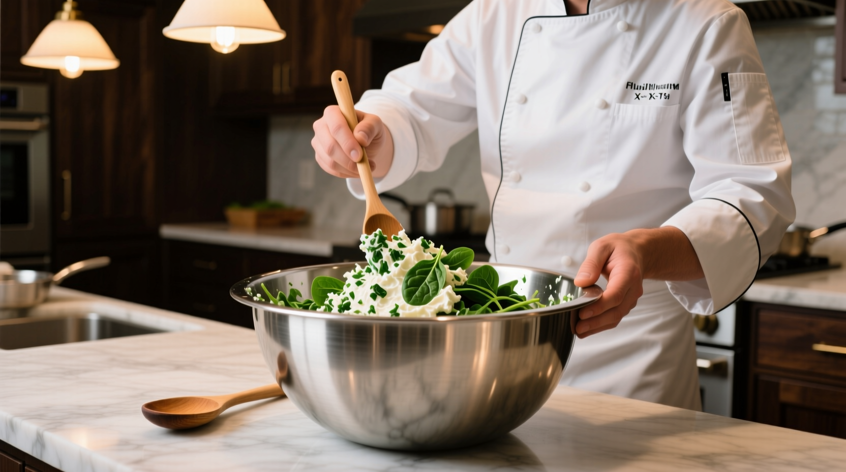Chef preparing spinach ricotta filling in stainless steel bowl