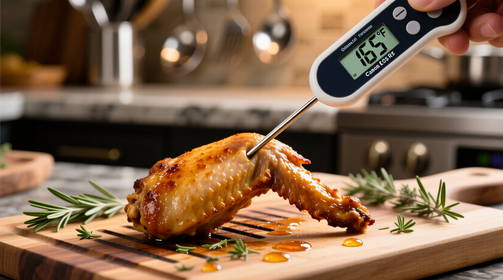 Digital thermometer checking chicken wing temperature