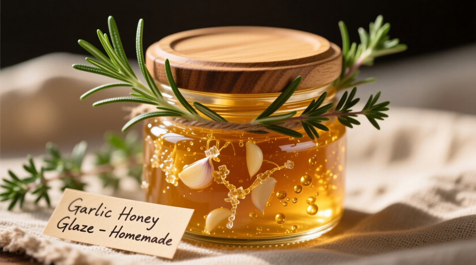Golden garlic honey sauce in glass jar with fresh herbs