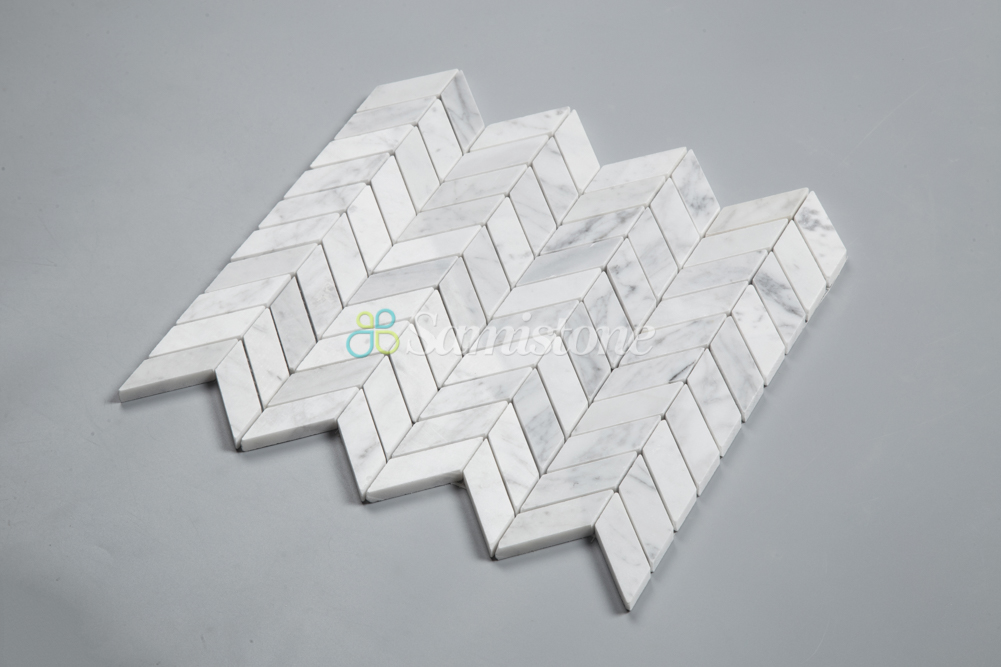 Saimstone White Marble Carrara Chevron Mosaic Tile for Bathroom