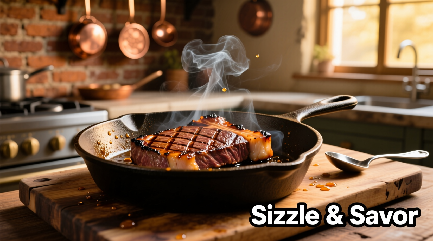 Skirt steak sizzling in cast-iron skillet