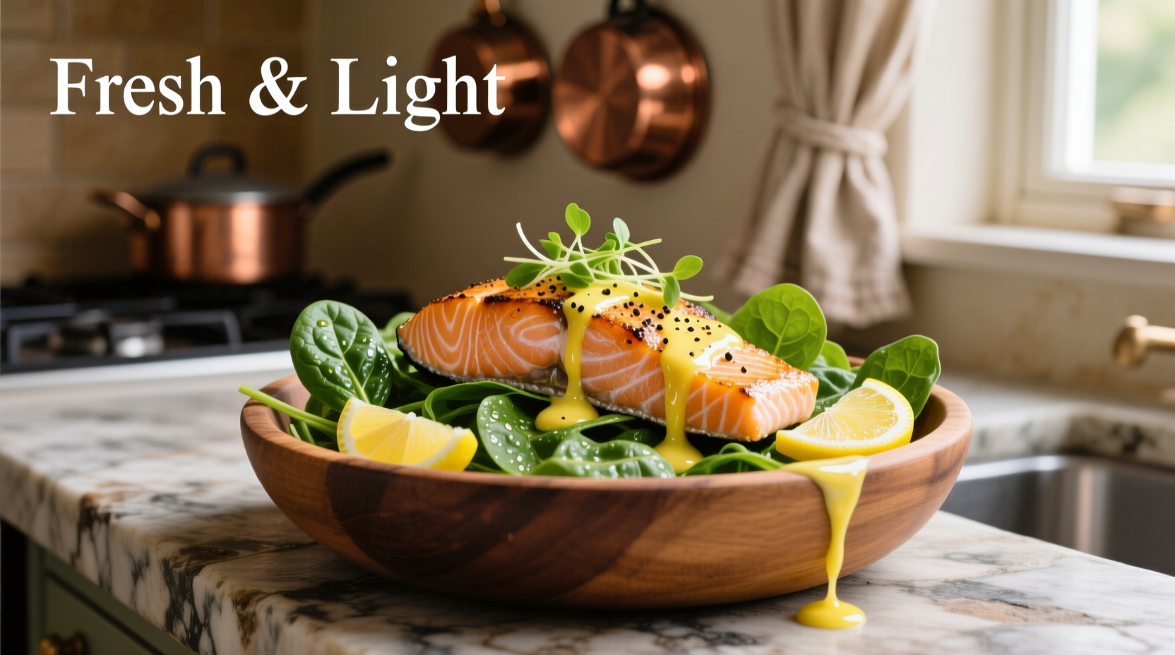 Fresh salmon and spinach salad with lemon dressing