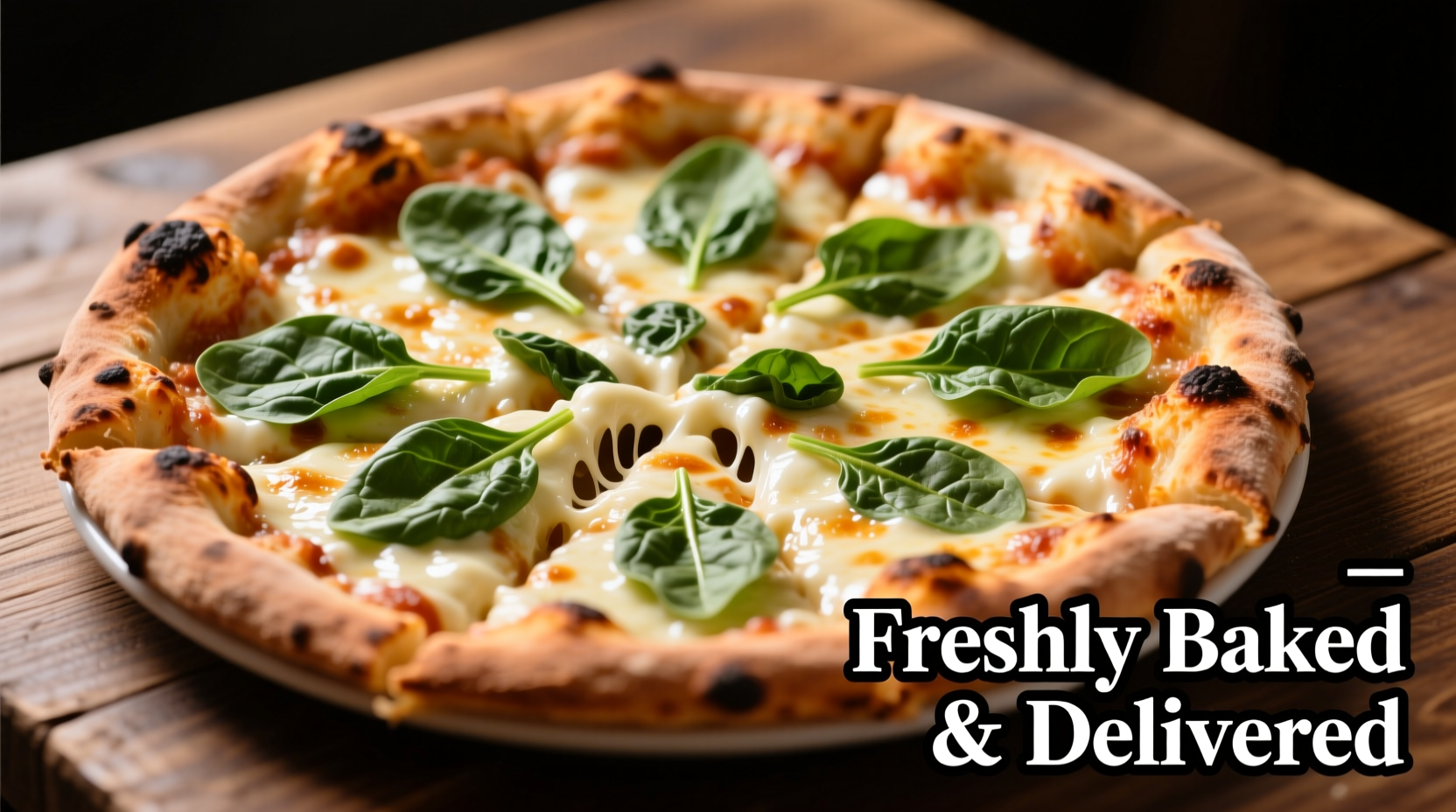 Freshly baked pizza with alfredo sauce and spinach