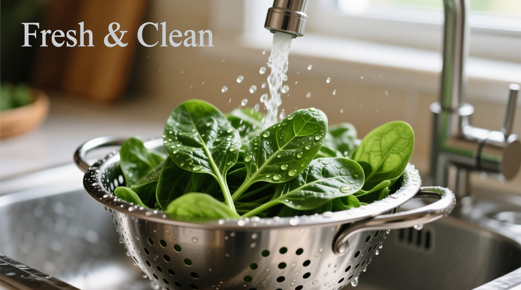 Fresh spinach leaves in a colander being rinsed
