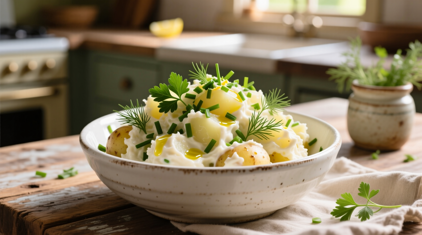 Creamy smashed potato salad in white bowl with fresh herbs